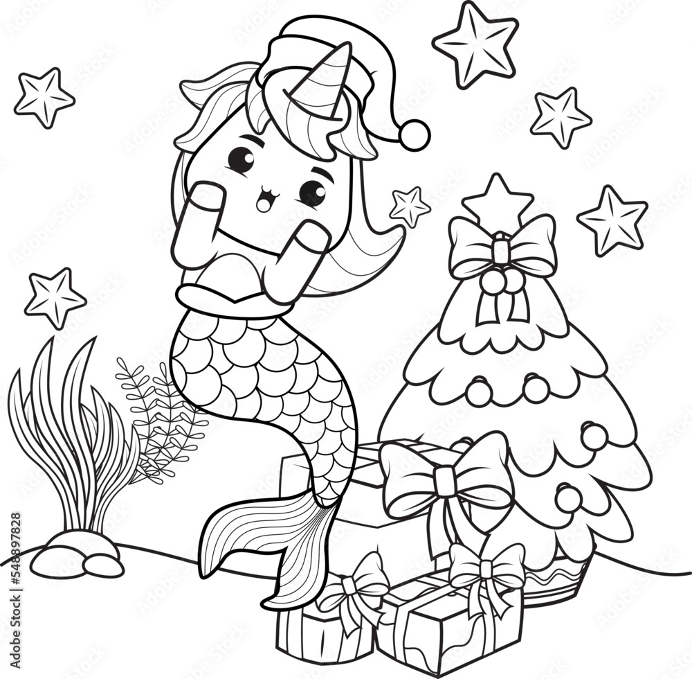 Christmas coloring book with cute unicorn mermaid vector