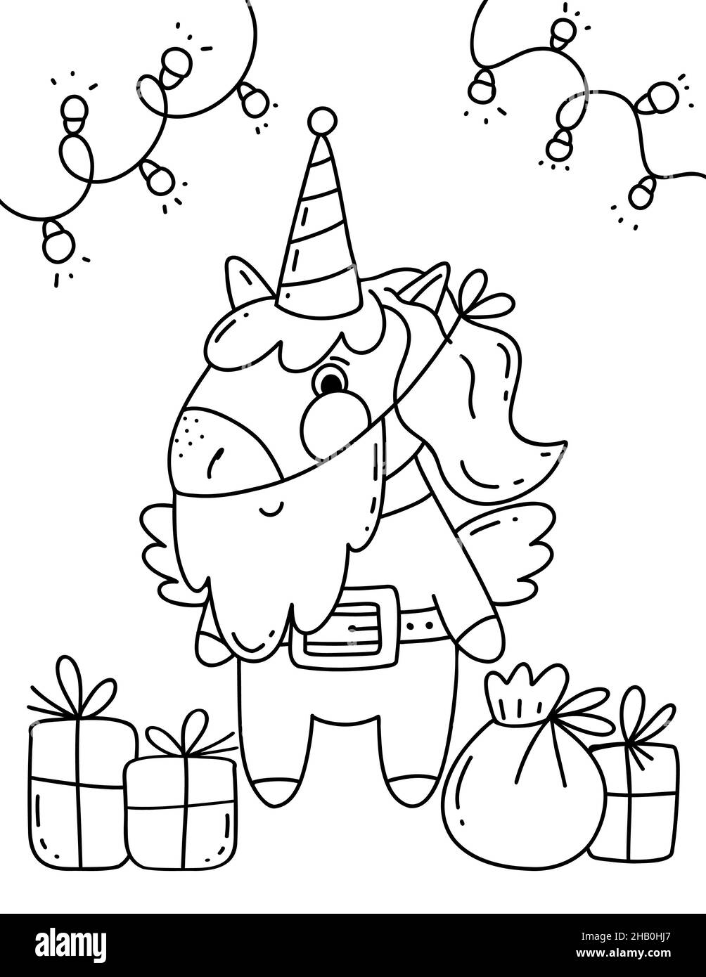 Christmas coloring book page unicorn coloring book page stock photo