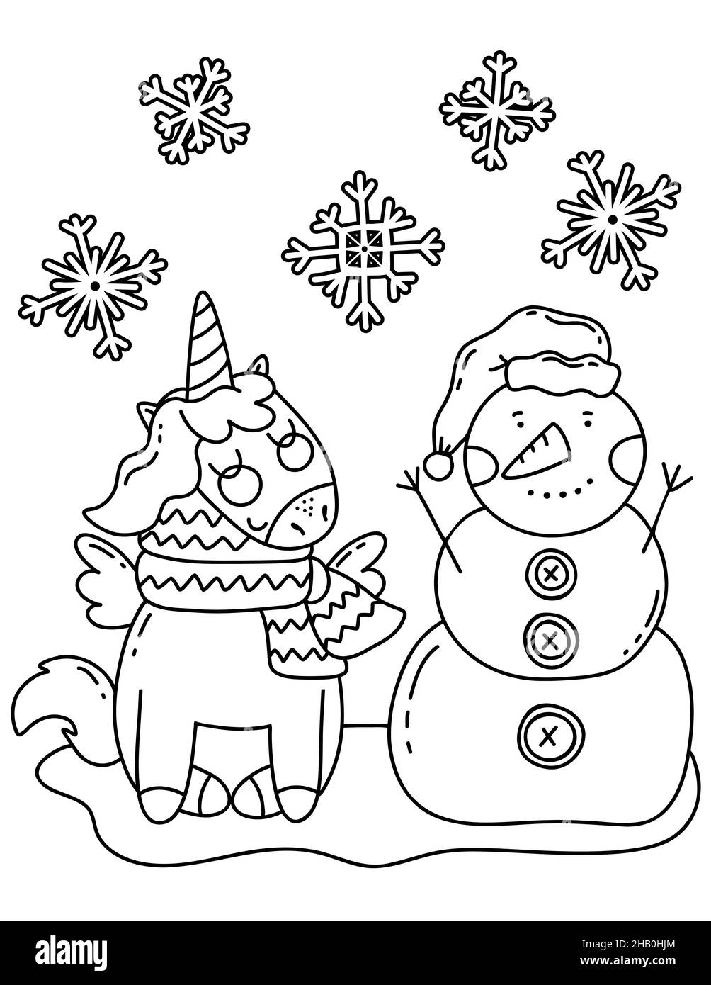 Christmas coloring book page unicorn with snowman coloring book page stock photo