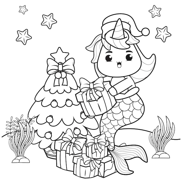 Premium vector christmas coloring book with cute unicorn mermaid