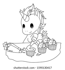 Hakuun unicorn celebrates unicorn makes cupcakes coloring liittyvã vektorikuva rojaltivapaa