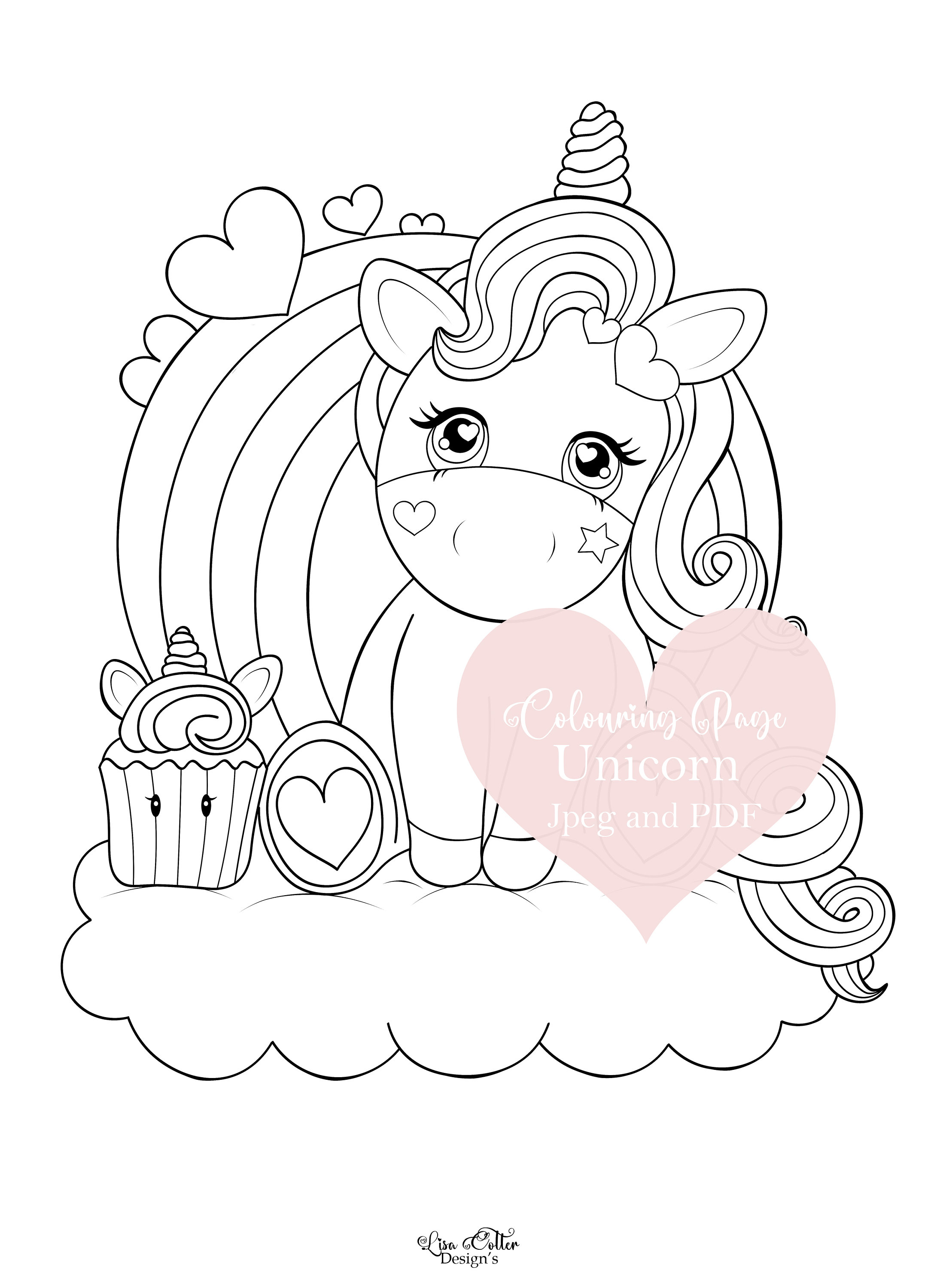 Unicorn cupcake coloring page instant download