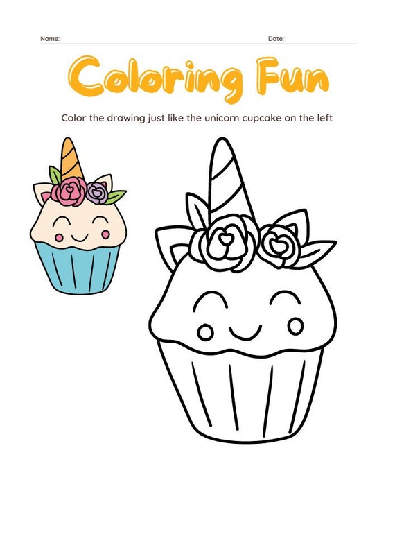 Unicorn cupcake coloring worksheet set