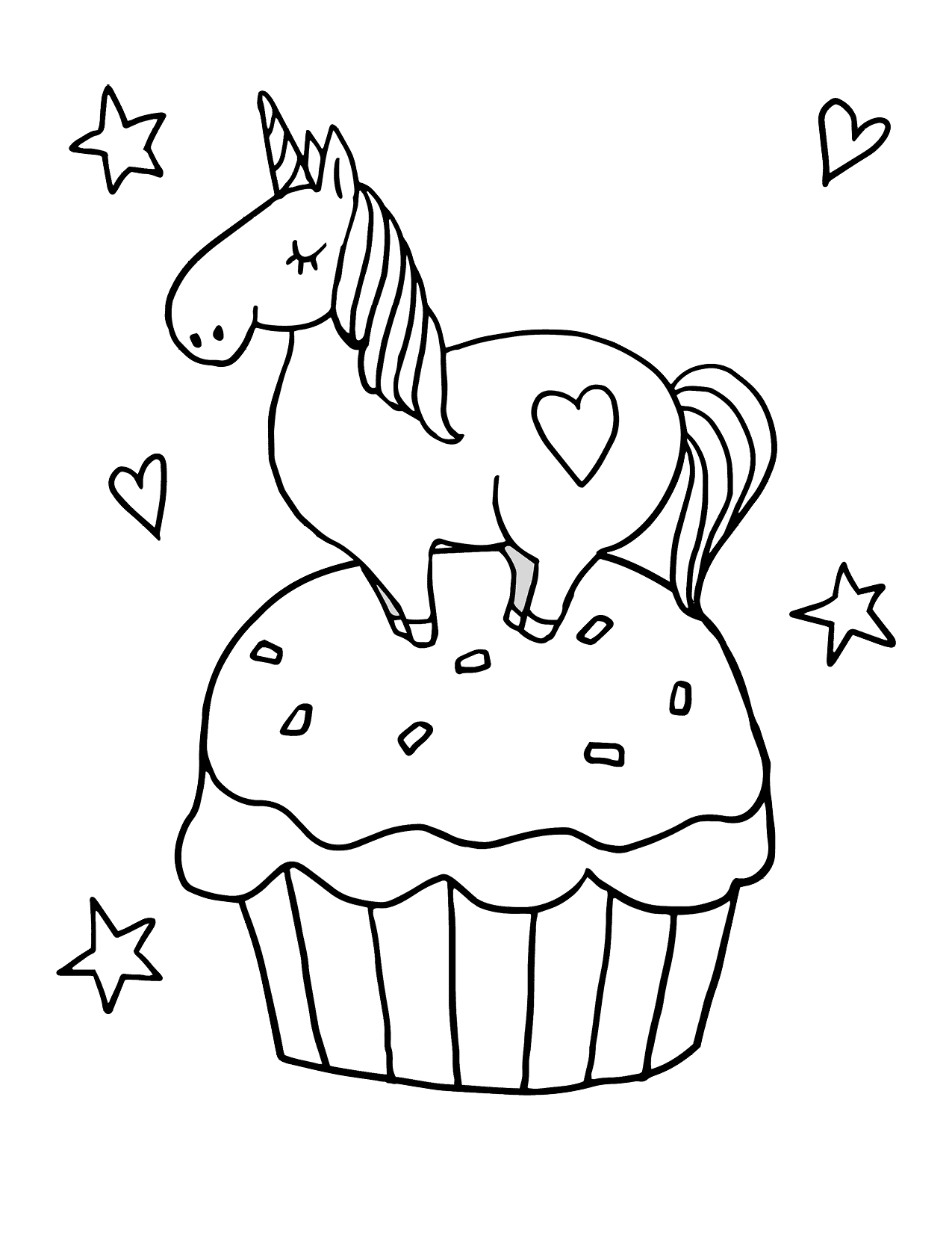 Colorful unicorn cupcake cake coloring page