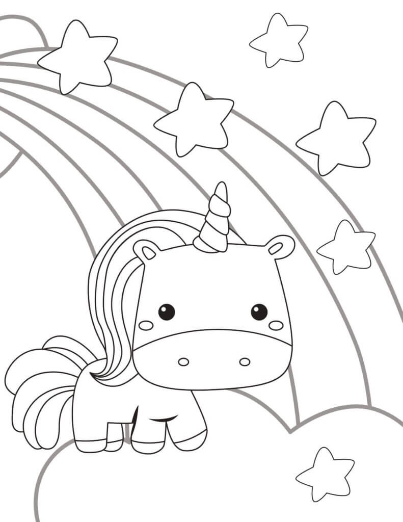 Baby unicorn with rainbow and stars coloring page