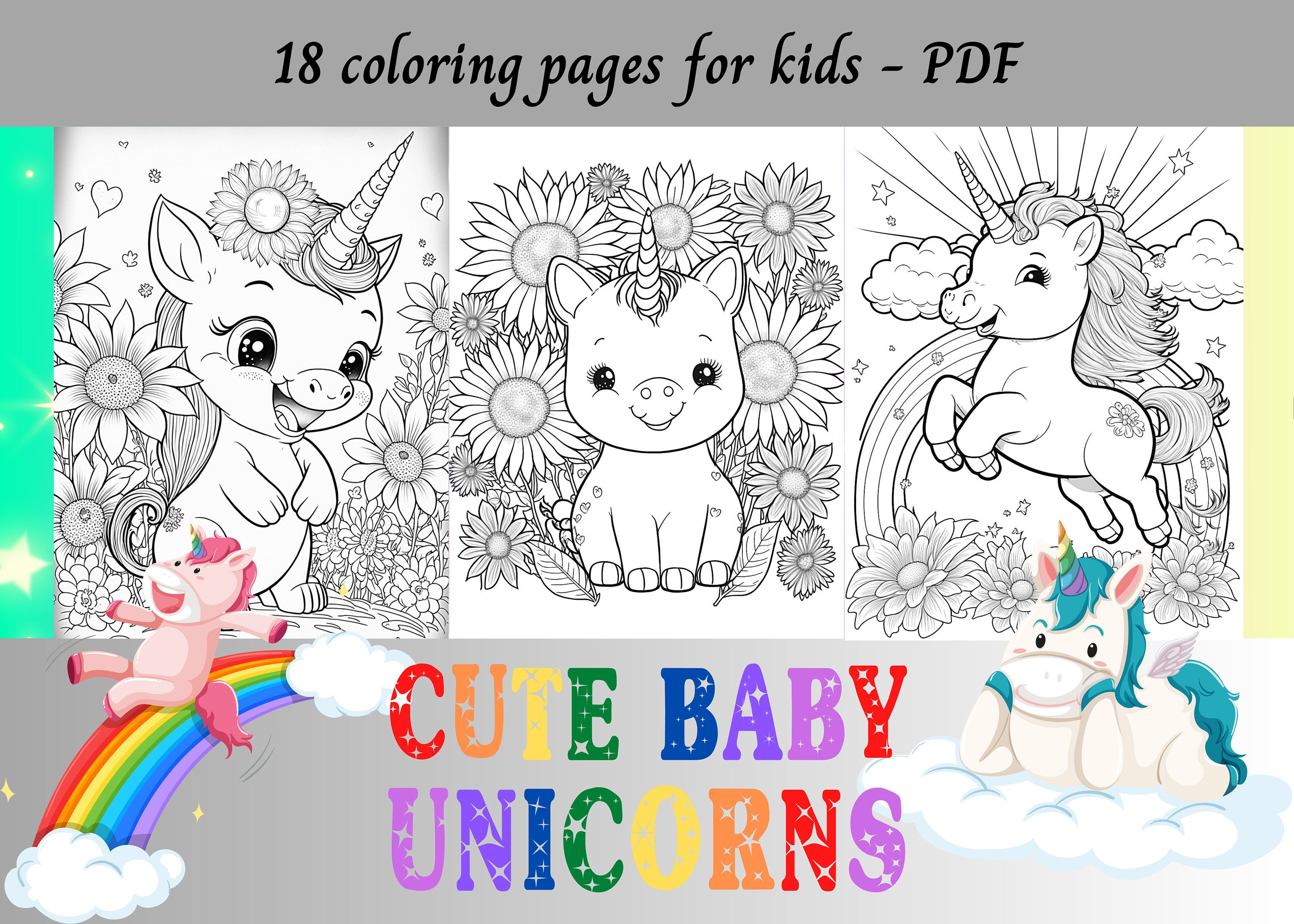 Cute baby unicorns coloring pages for kids printable pages instant download