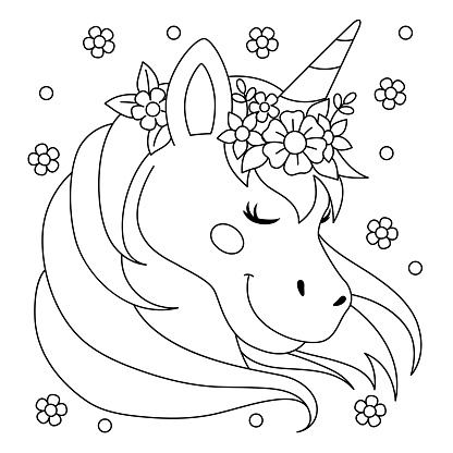 Unicorn wearing a flower wreath coloring page stock illustration