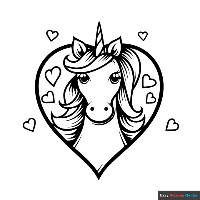 Cute unicorn with hearts coloring page easy drawing guides