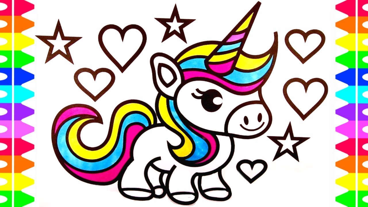 Cute unicorn coloring page for kids learn how to draw a baby unicorn with hearts stars art colors