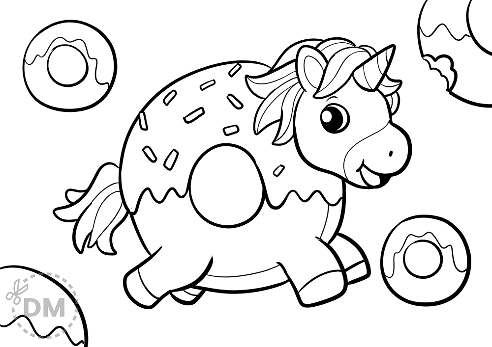 Sweet unicorn donut coloring page for kids
