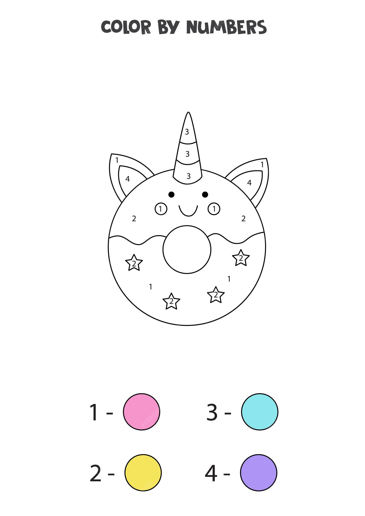 Premium vector coloring page with cute unicorn doughnut color by numbers math game for kids