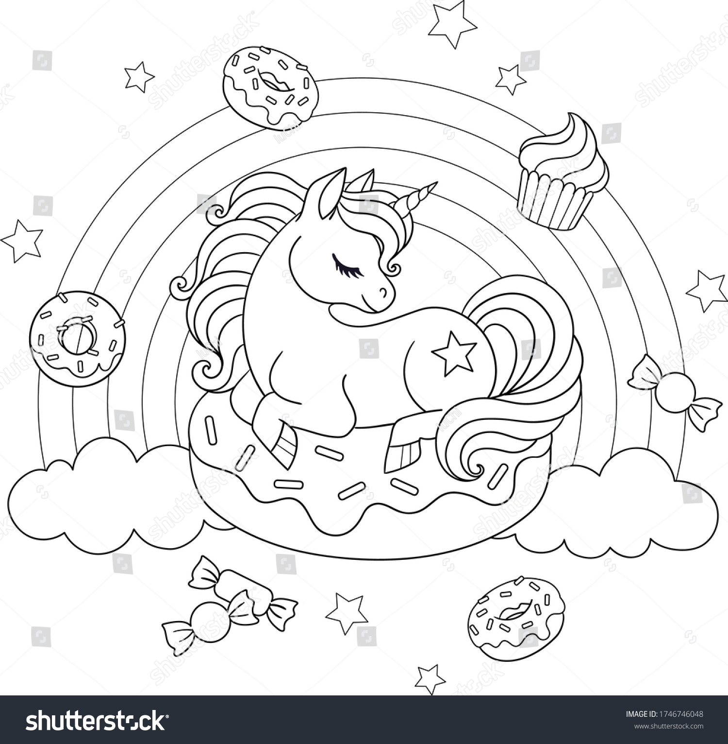 Cute unicorn laying on donut rainbow stock vector royalty free