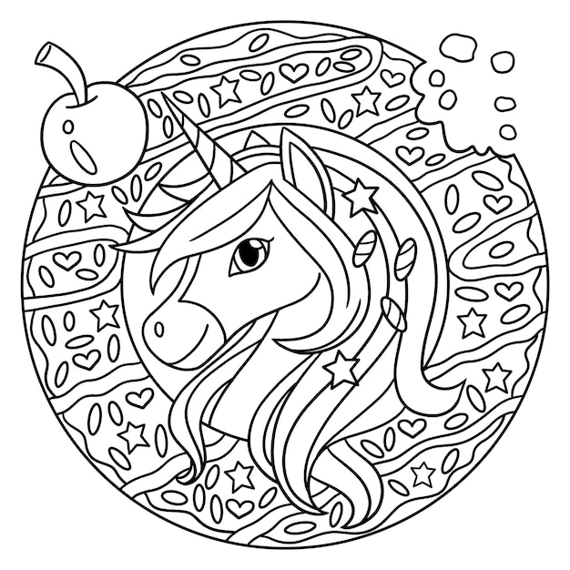 Premium vector unicorn head in a donut coloring page for kids