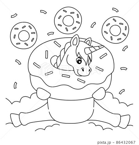 Sitting unicorn stuck in a donut coloring page