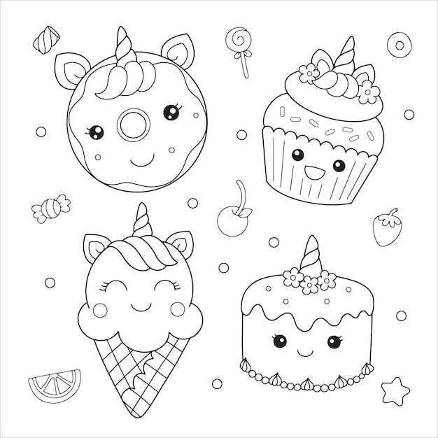 Premium vector donut cupcake ice cream cake unicorn dessert coloring doodle illustration