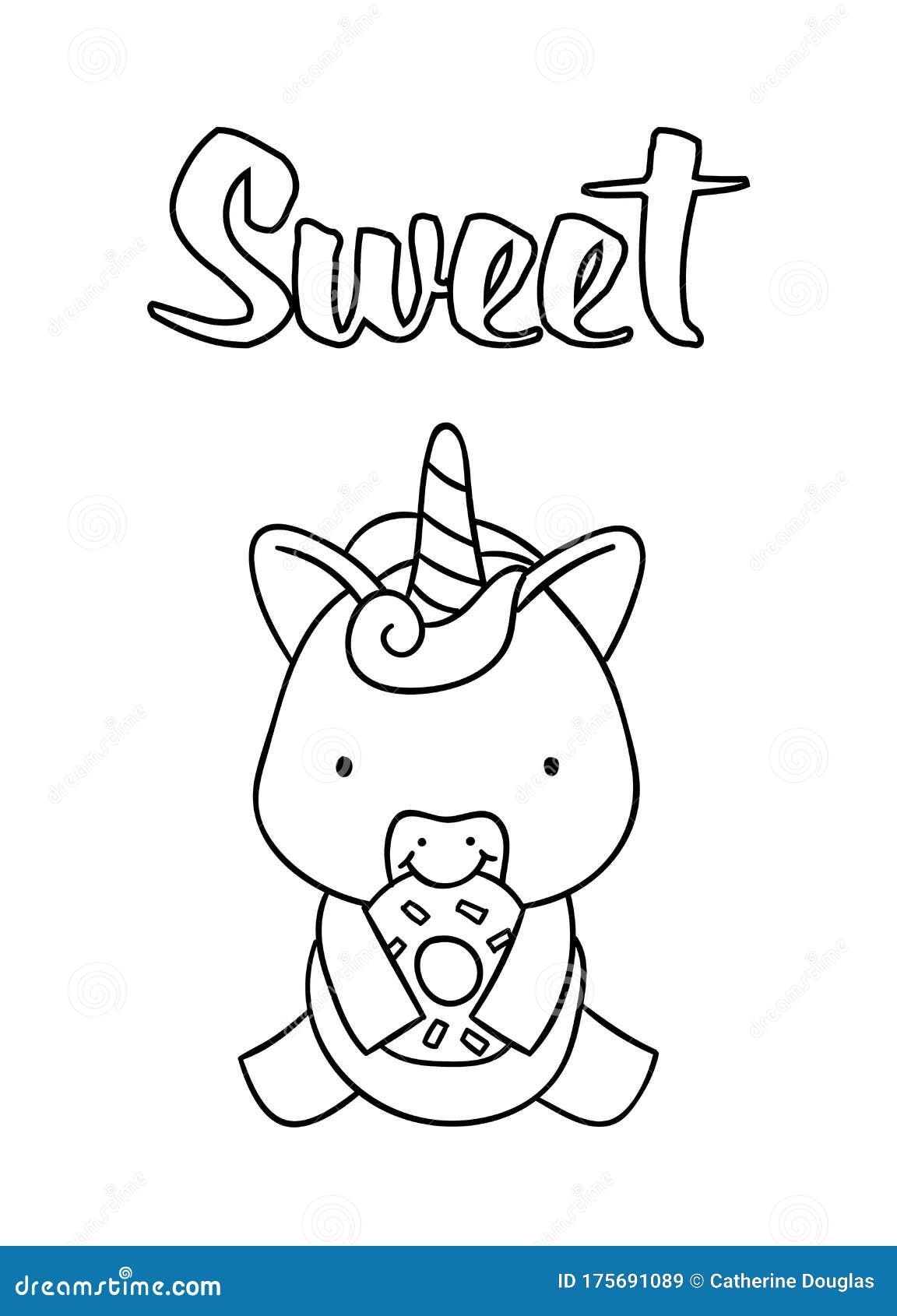 Coloring pages black and white cute hand drawn unicorn with donut doodles lettering sweet stock vector