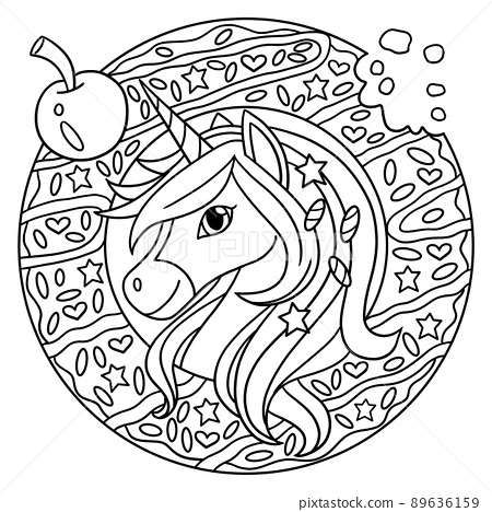 Unicorn head in a donut coloring page for kids