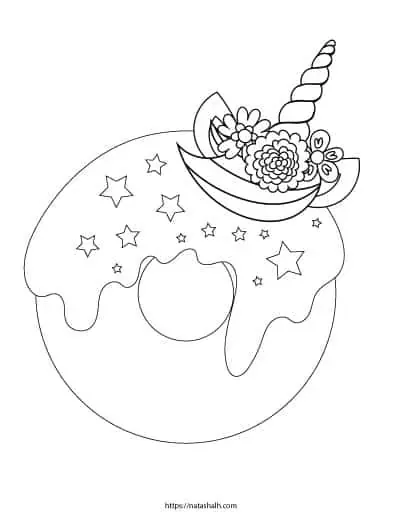 Unicorn donut coloring page free printable for kids