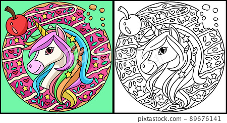 Unicorn head in a donut coloring page illustration