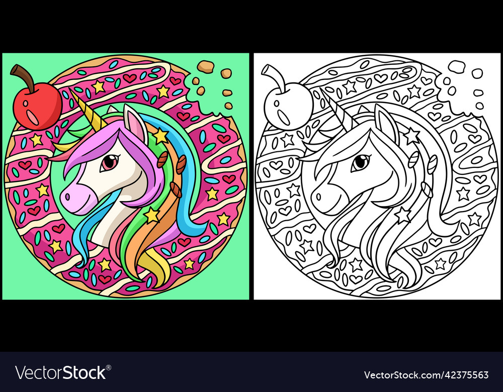 Unicorn head in a donut coloring page royalty free vector