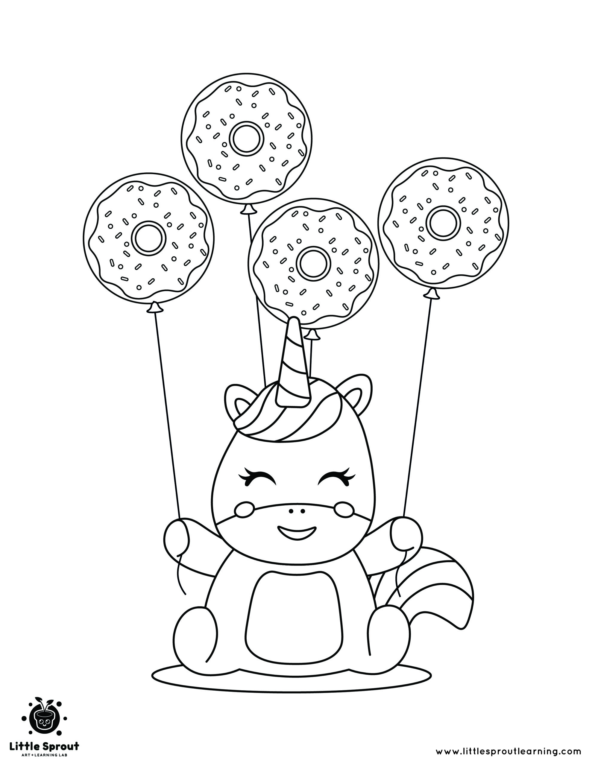 Unicorn donut balloons coloring page