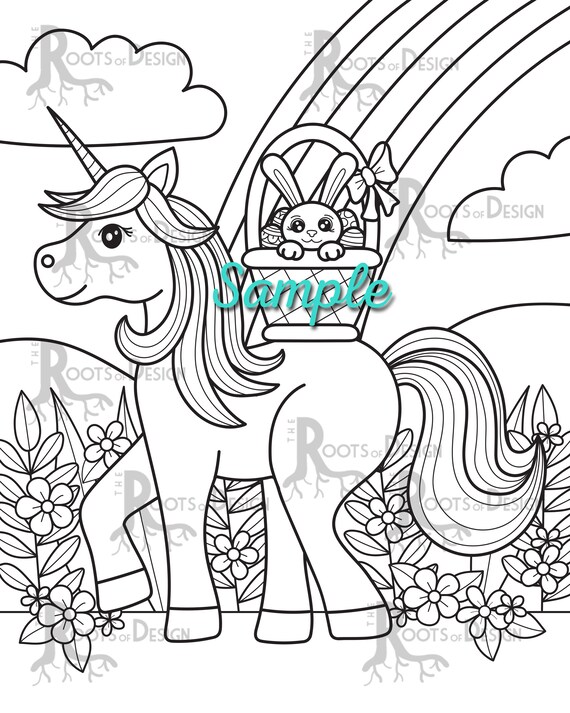 Instant download coloring page cute easter unicorn doodle