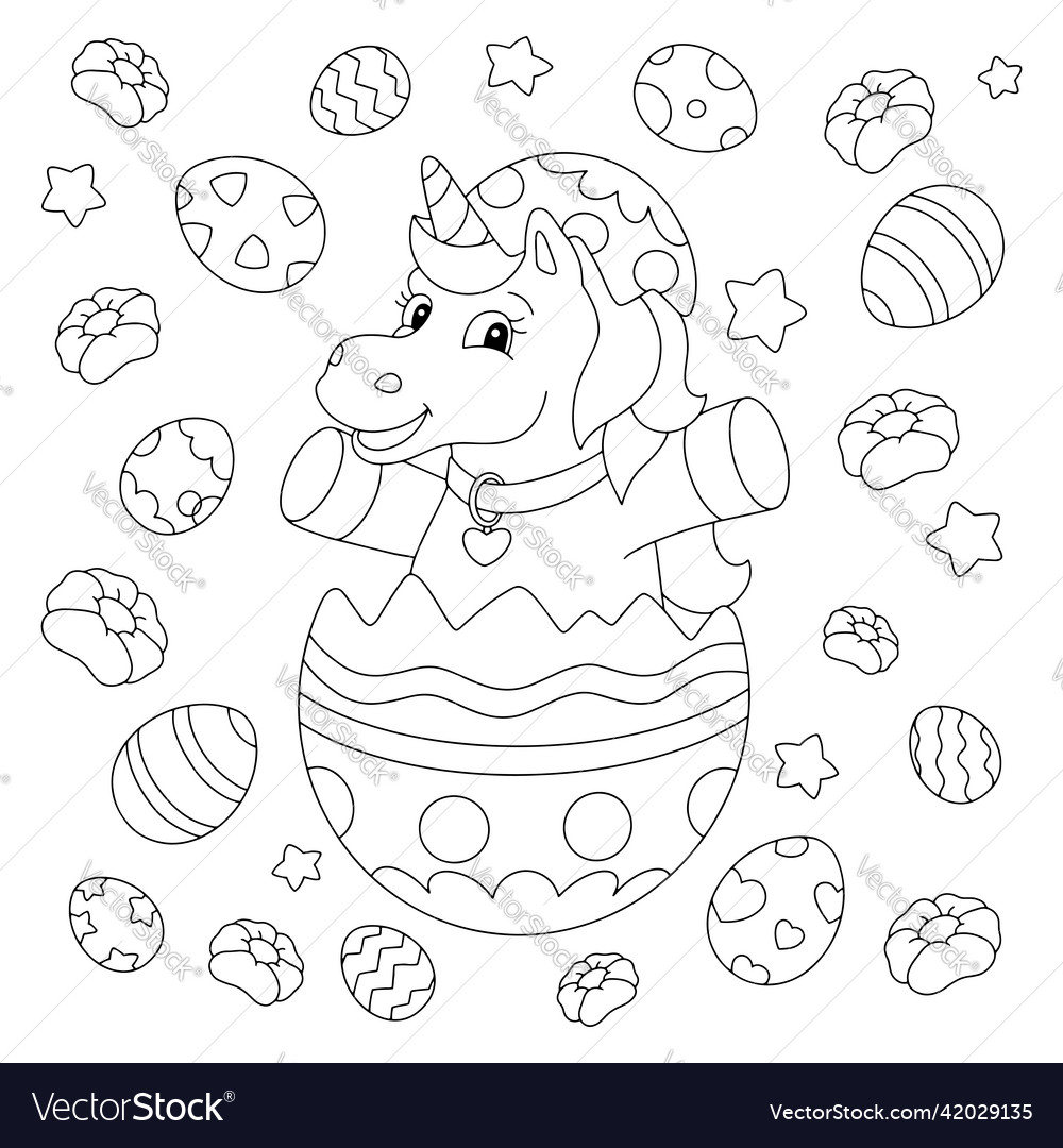 Cheerful unicorn celebrates easter coloring book vector image