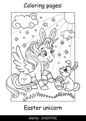 Cute and cheerful unicorn sitting with an easter bunny on a sunny spring lawn coloring book page for children vector cartoon illustration for color stock vector image art