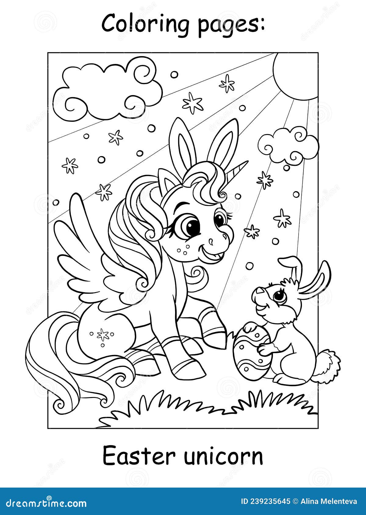 Coloring book page cute unicorn with easter bunny stock vector