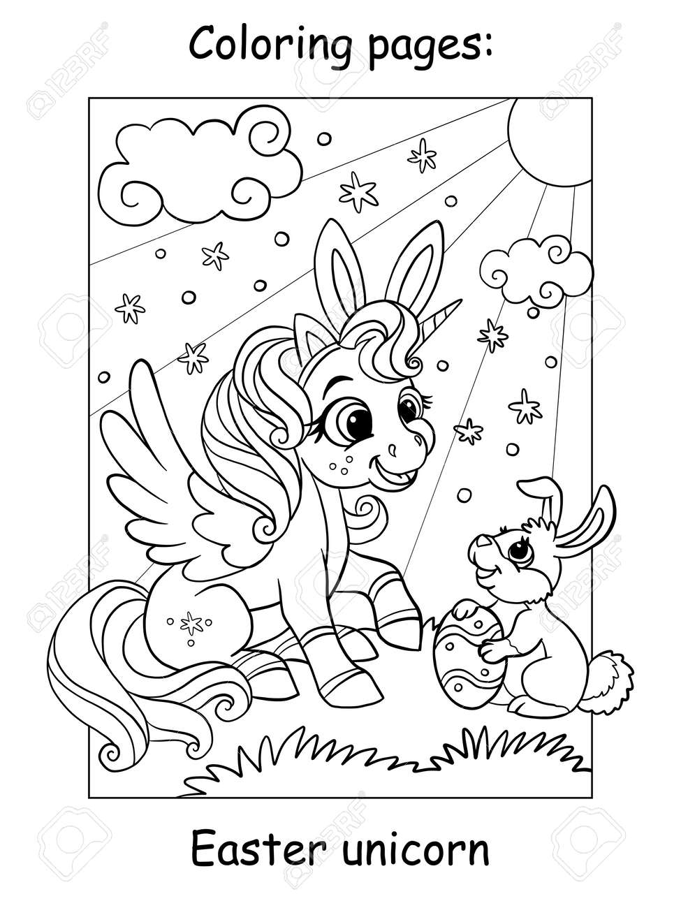 Coloring book page cute unicorn with easter bunny royalty free svg cliparts vectors and stock illustration image