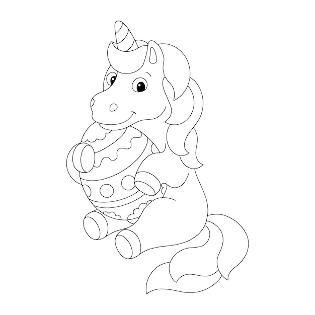 Premium vector coloring book page for kids a cute unicorn is holding an easter egg cartoon style character