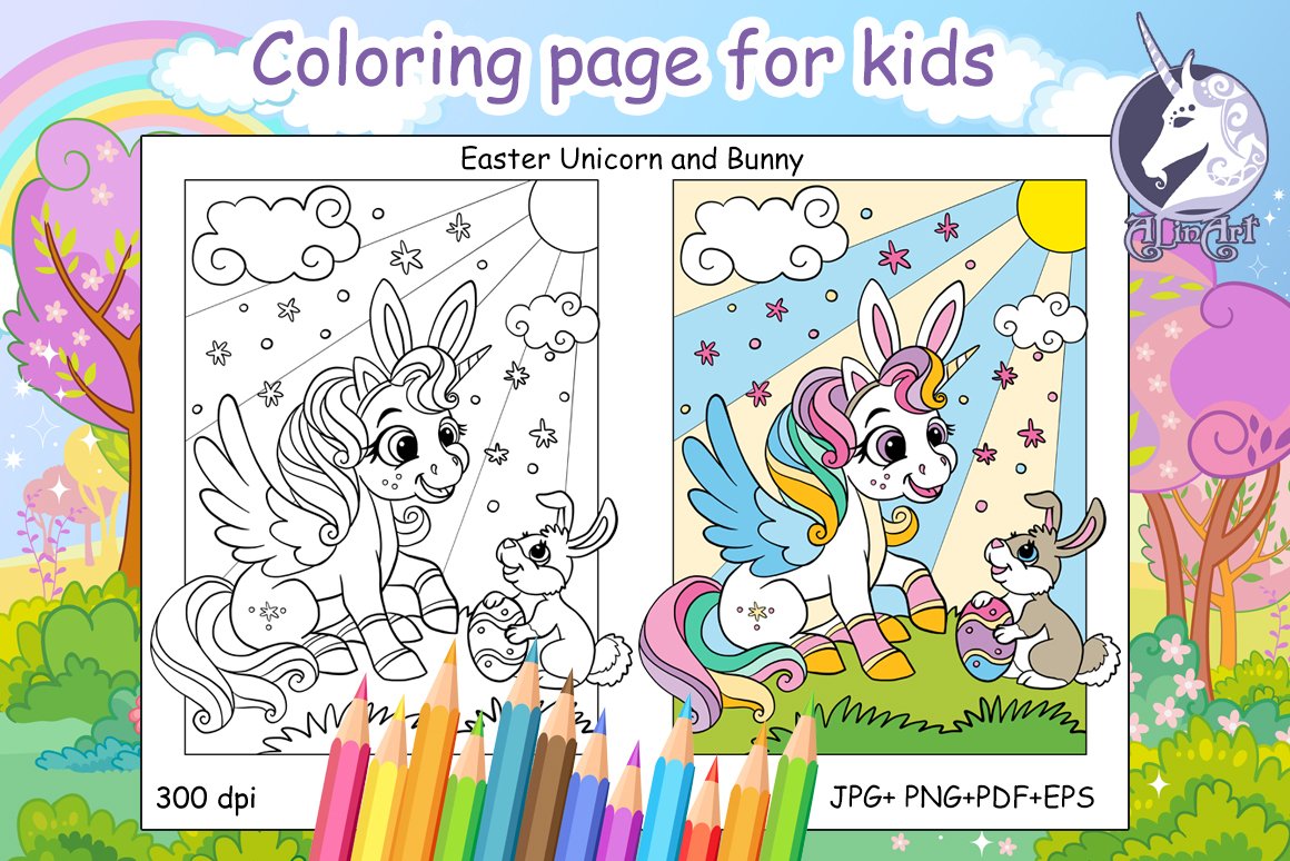 Easter unicorn coloring for kids