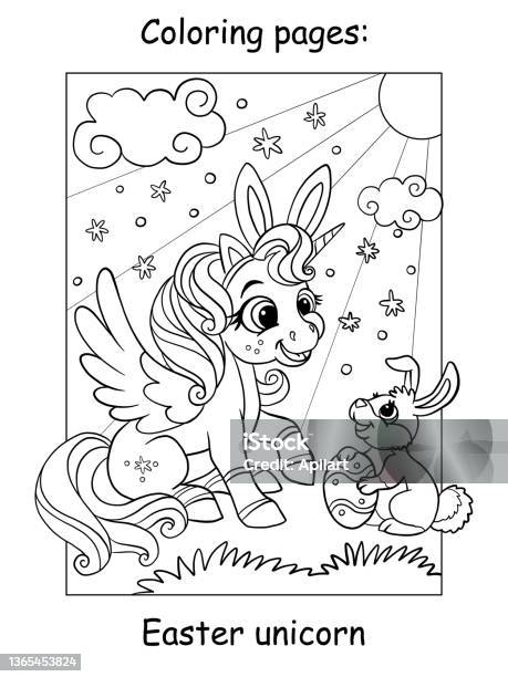 Coloring book page cute unicorn with easter bunny stock illustration