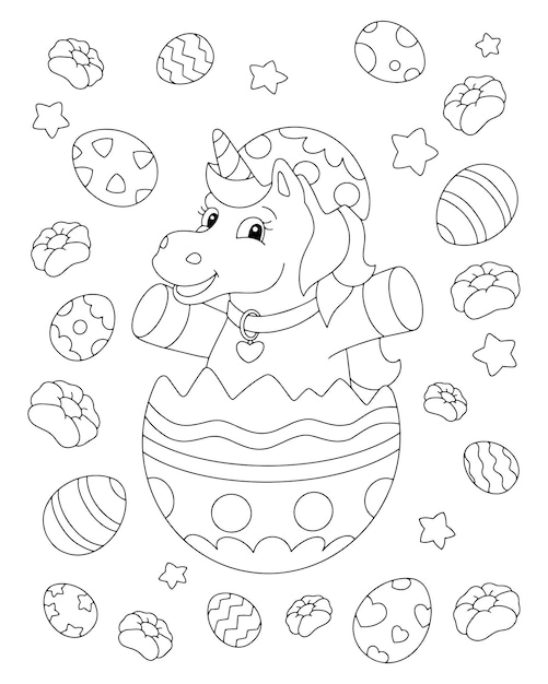 Premium vector cheerful unicorn celebrates easter coloring book page for kids