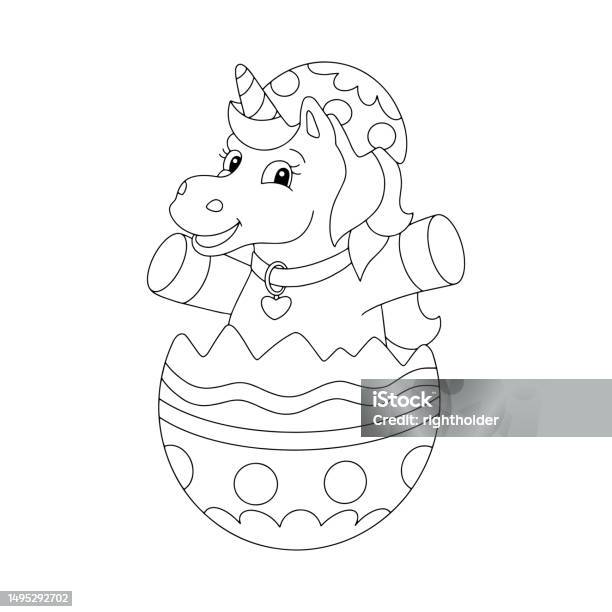 The unicorn jumps out of the easter egg coloring book page for kids cartoon style character vector illustration isolated on white background stock illustration