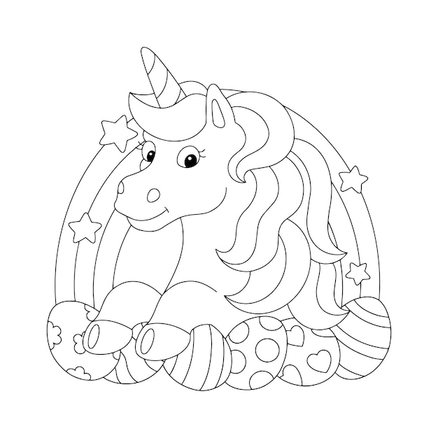 Premium vector unicorn congratulates on the holiday of easter coloring book page for kids