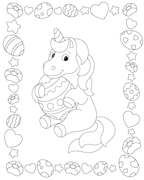 Premium vector unicorn and easter egg coloring book page for kids