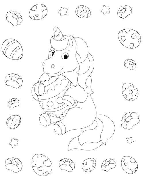 Premium vector unicorn and easter egg coloring book page for kids cartoon style character