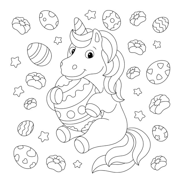 Premium vector a cute unicorn is holding an easter egg coloring book page for kids