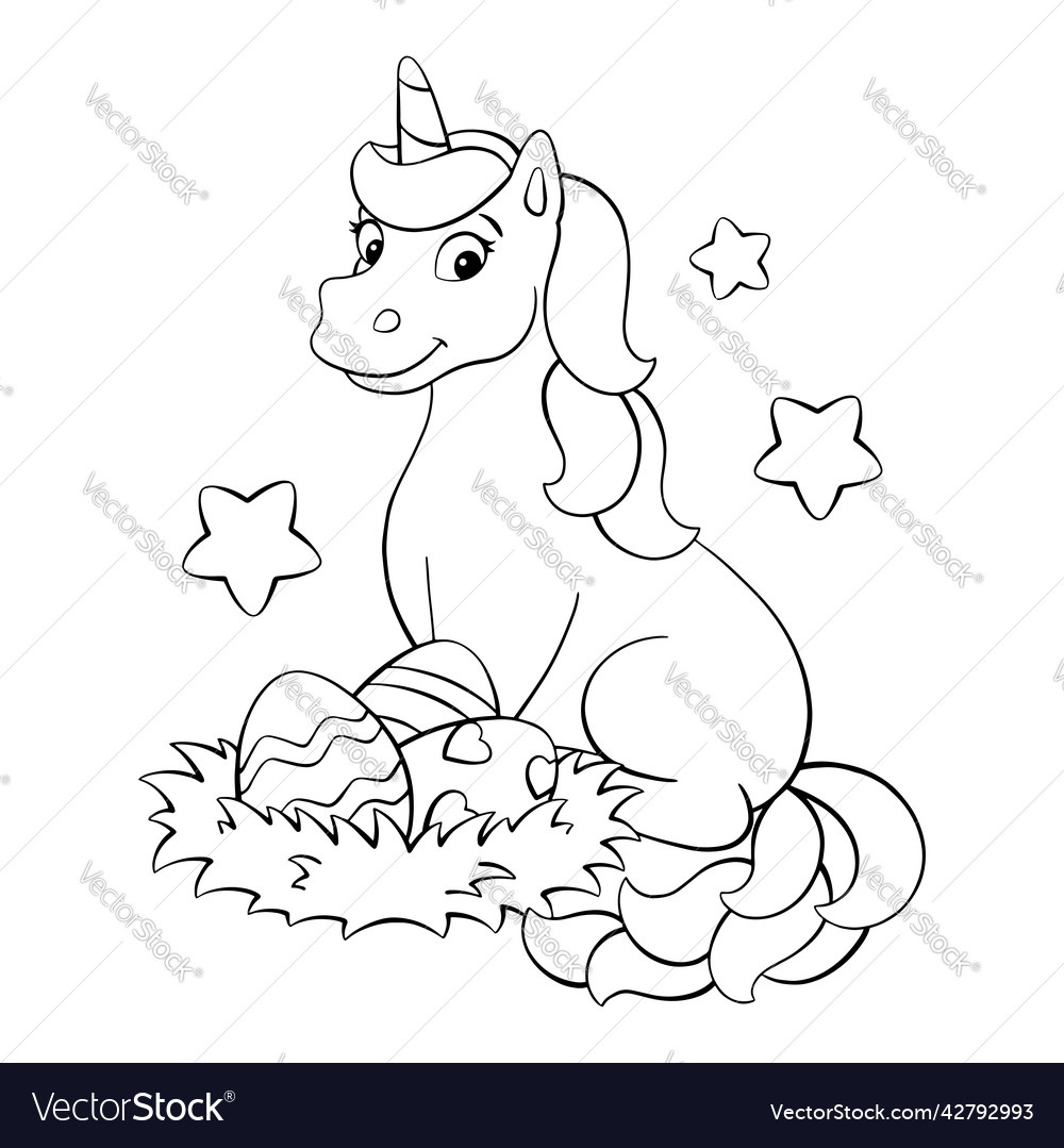 Cute unicorn with easter eggs coloring book page vector image