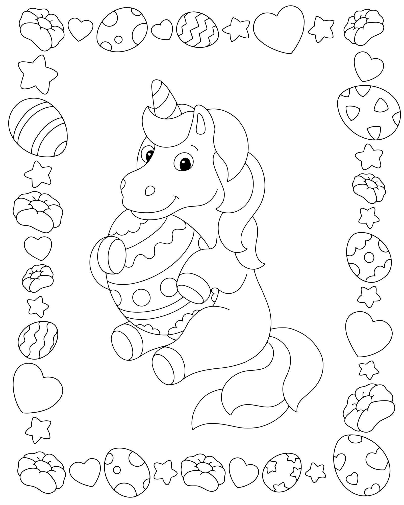 Premium vector unicorn and easter egg coloring book page for kids