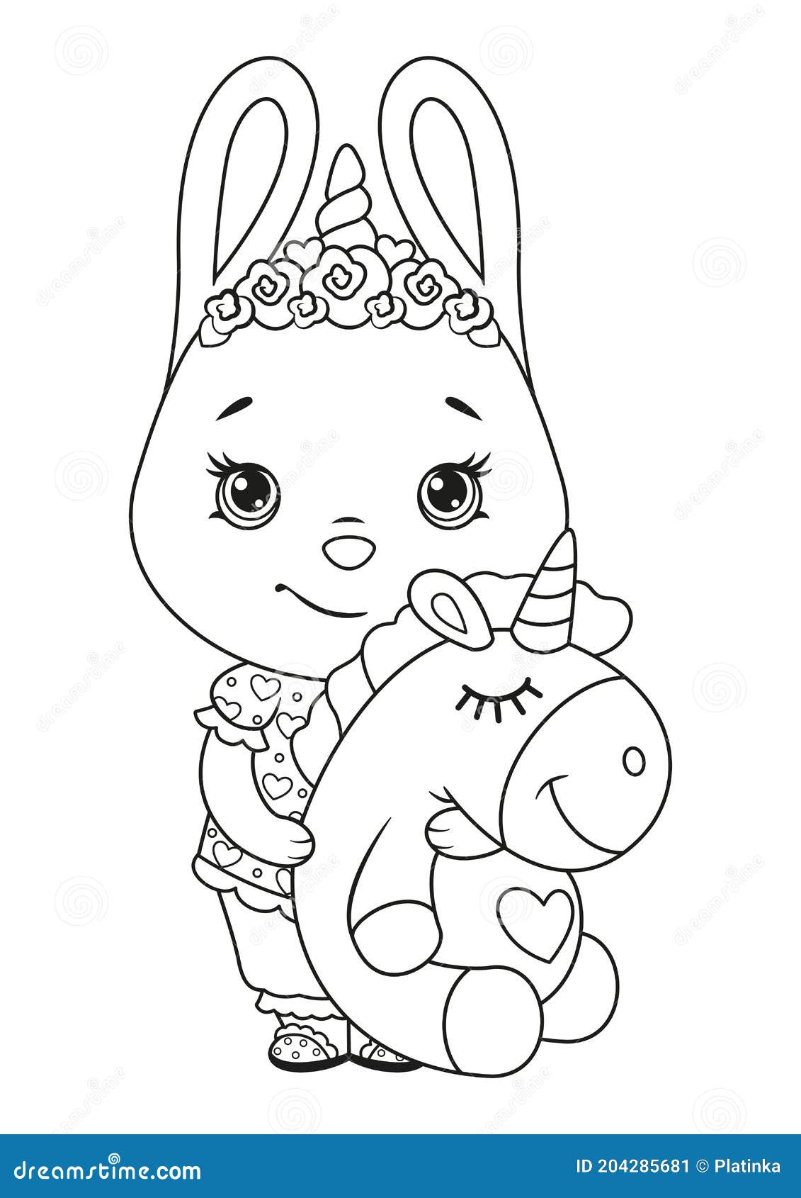 Bunny in pajamas with toy unicorn coloring page black and white cartoon illustration stock vector