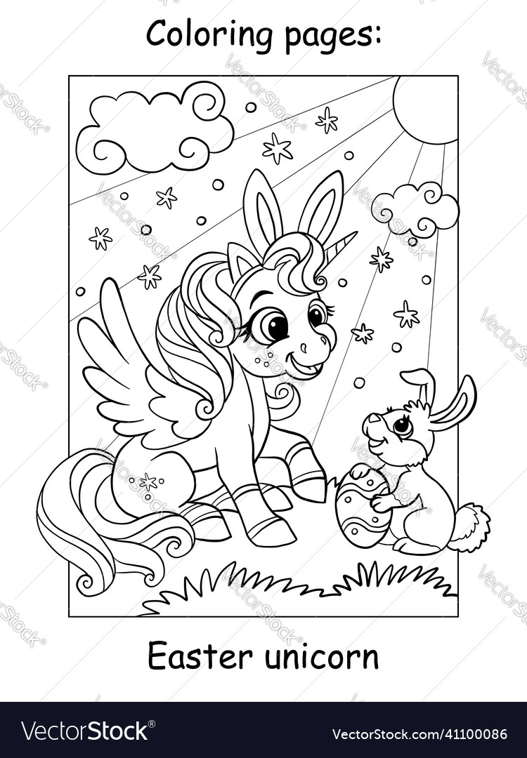 Coloring book page cute unicorn with easter bunny vector image