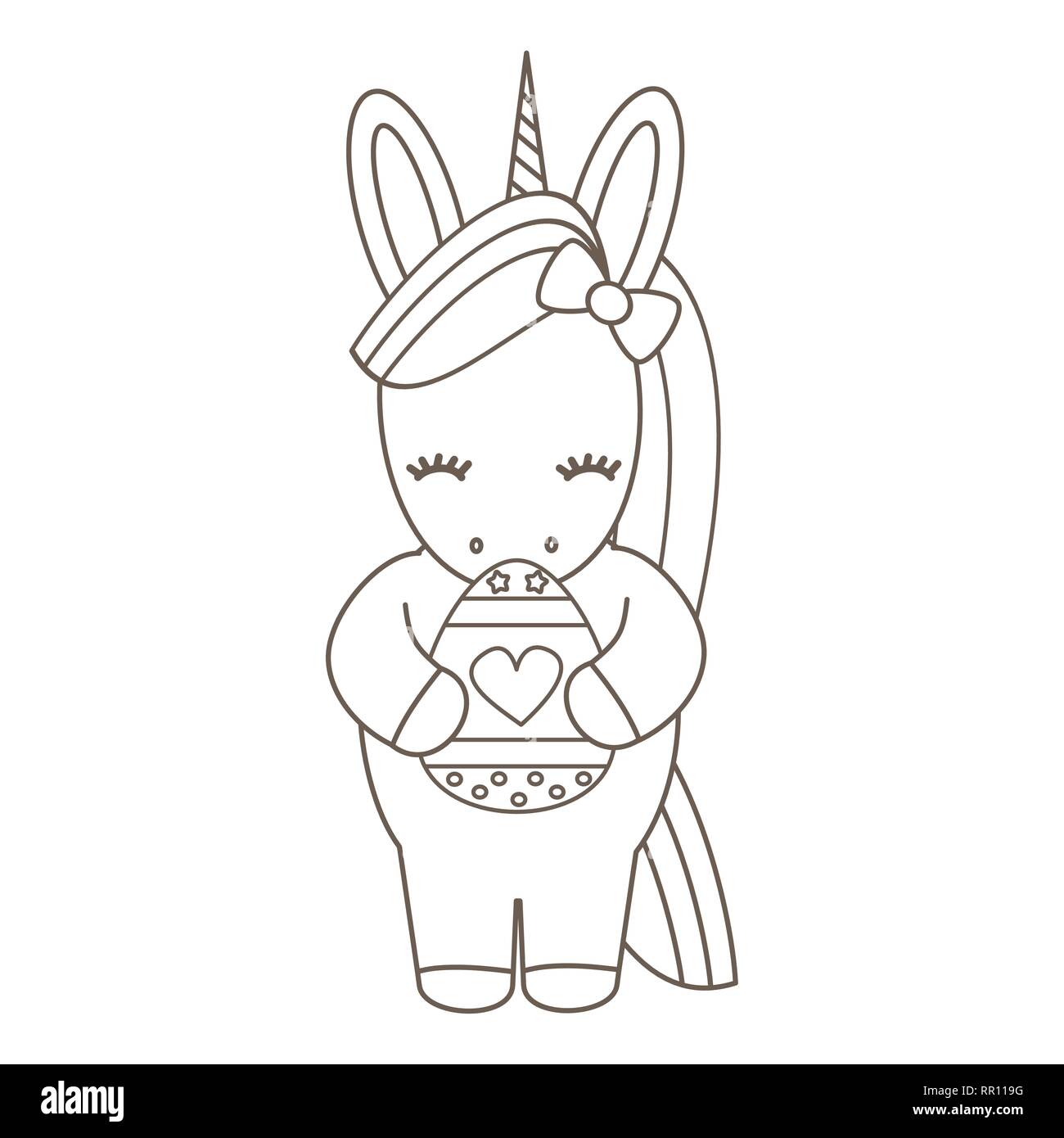 Cute cartoon vector black and white easter unicorn with egg holiday illustration for coloring art stock vector image art