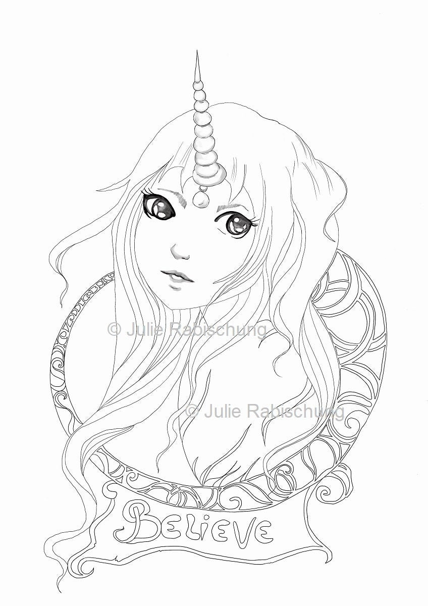 Unicorn girl coloring pageanime stylebig eyes girlprintable coloring page high resolutioninstant downloadadult coloringfantasy