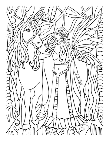 Premium vector unicorn walking with fairy coloring page for adult