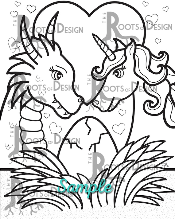 Instant download coloring page dragon and unicorn family print doodle art printable kawaii