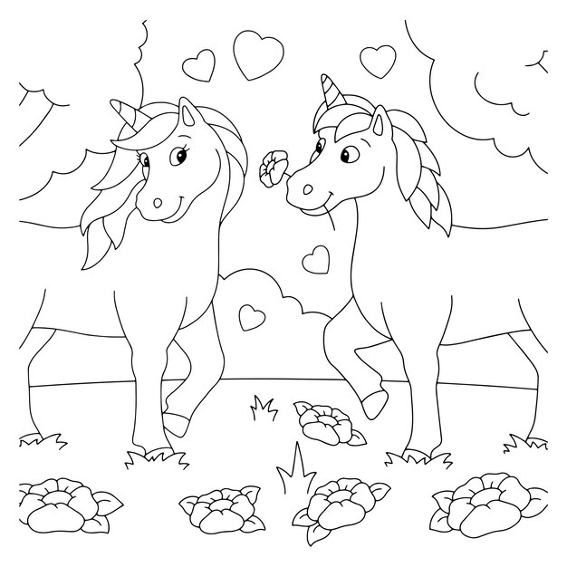 Premium vector loving unicorns coloring book page for kids valentines day cartoon style character