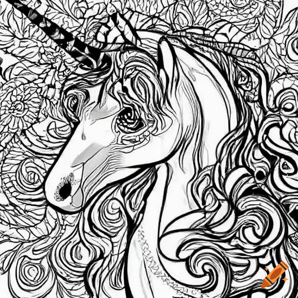 Black and white coloring page for adults unicorn image white background black lines fine line art clean line art on