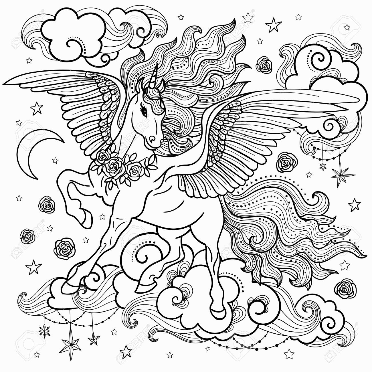 Unicorn with stars hand drawn fantasy horse sketch for anti